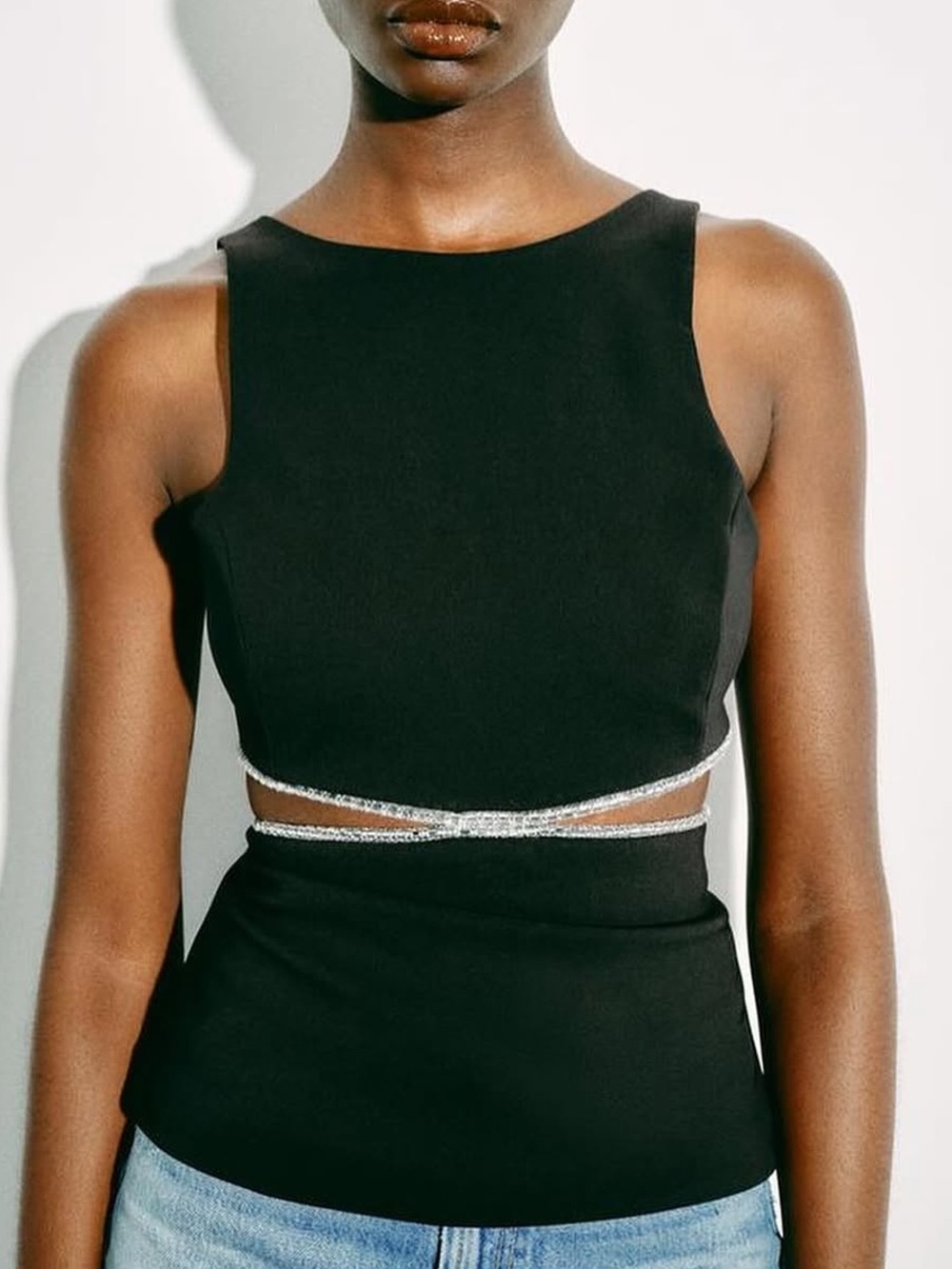 Zara Black Tank Top with Rhinestone Cutout Trim - Picture 2 of 9